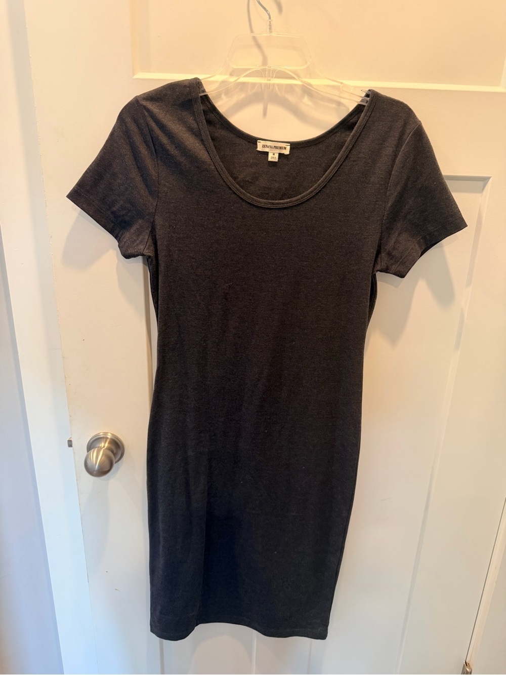 Zenana Premium Medium Charcoal Gray Scoop Neck Stretch T-Shirt Midi Dress